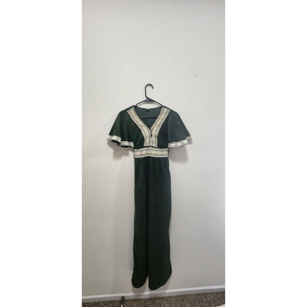 Vintage 70s Boho Green Floral lace trim Maxi Dress Boho Cottage Whimsy Sz M - Picture 5 of 8